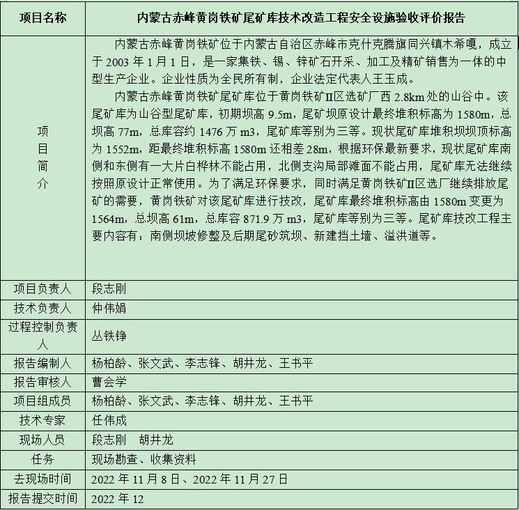 内蒙古赤峰黄岗铁矿尾矿库技术改造工程安全设施验收评价报告