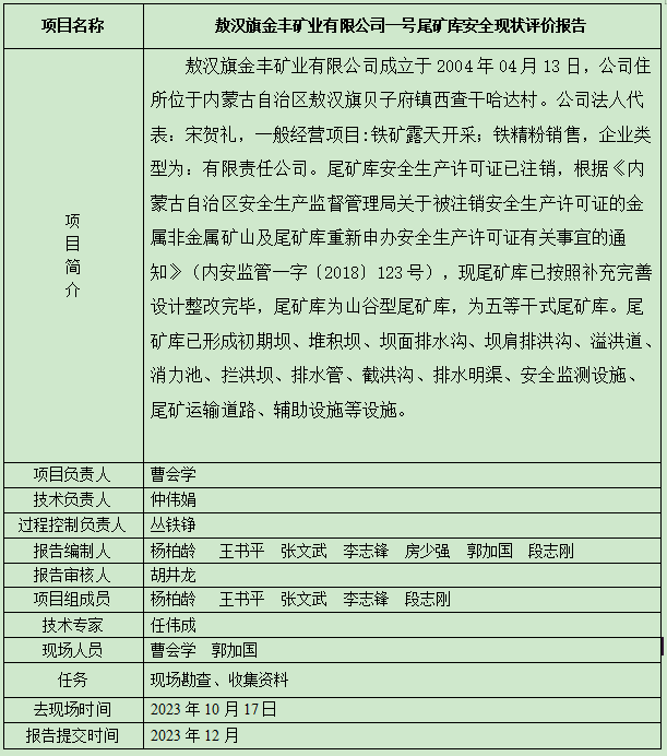 敖汉旗金丰矿业有限公司一号尾矿库安全现状评价报告